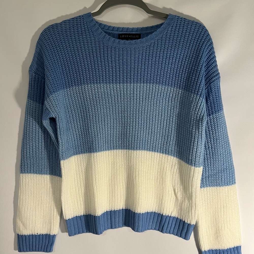 Love Ellie Sweater Size L Blue White Striped Soft Acrylic Round Neck